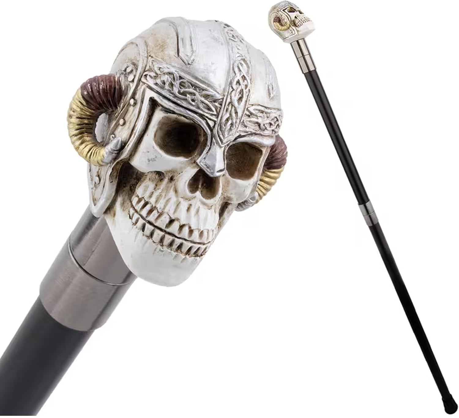 White Resin Skull Helmet with Ram Horns Walking Cane, Luxury Men Womens Walking Stick, Removable Anti Slip Scepter, Cospaly Vintage Party 92cm