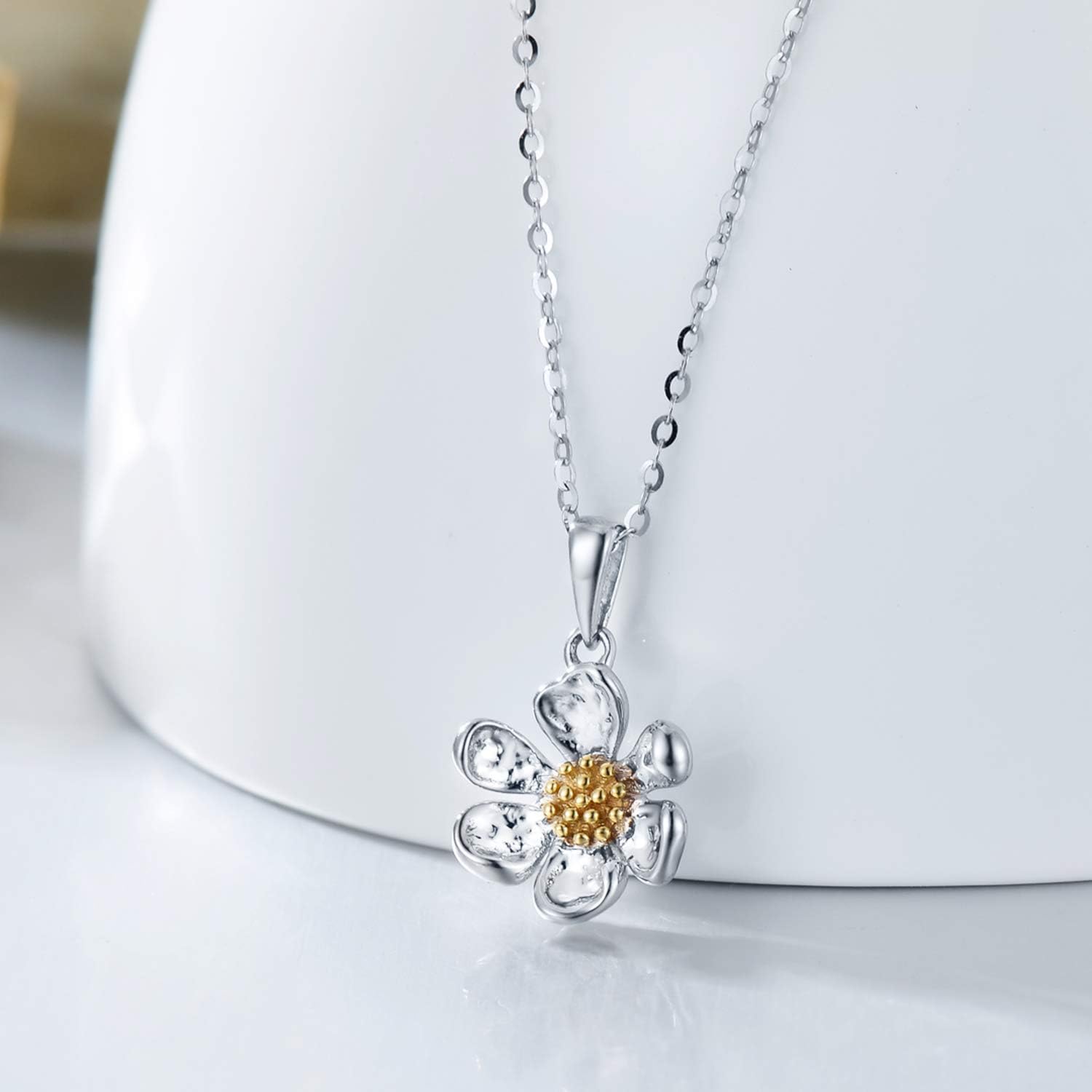 Solid 14K White Gold Daisy Necklace for Women, 14kt Real Gold Daisy Flower Pendant Necklace Jewelry Gifts Anniversary Mother Day Birthday for Her, 16+2 Inch