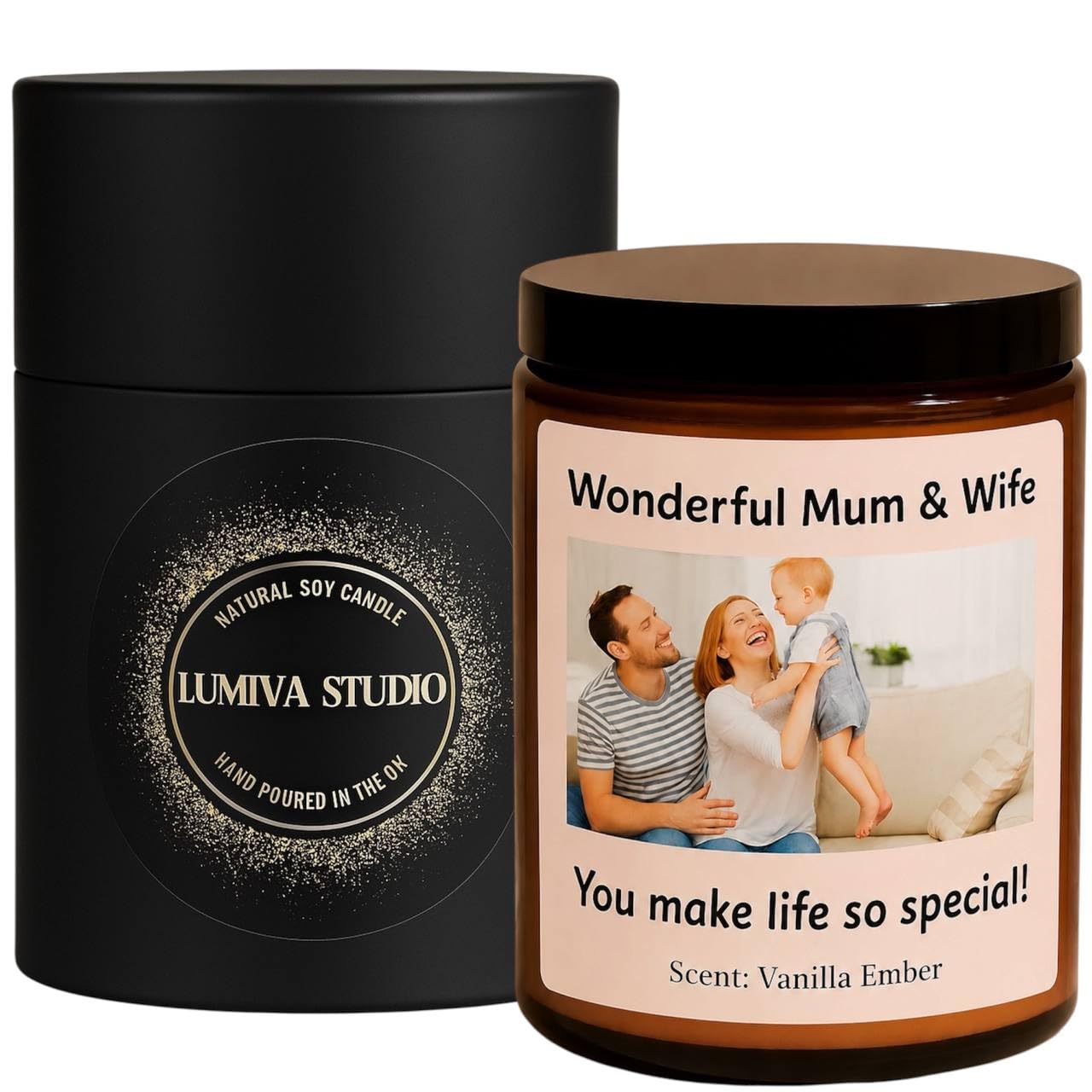 Personalised Photo Candle with Custom Text โ Scented Soy Wax Candle in Gift Box โ Gift for Mum, Dad, Friend, Wife, Husband โ Perfect for Birthday, Christmas, Motherโs Day or Fatherโs Day โ Made in UK