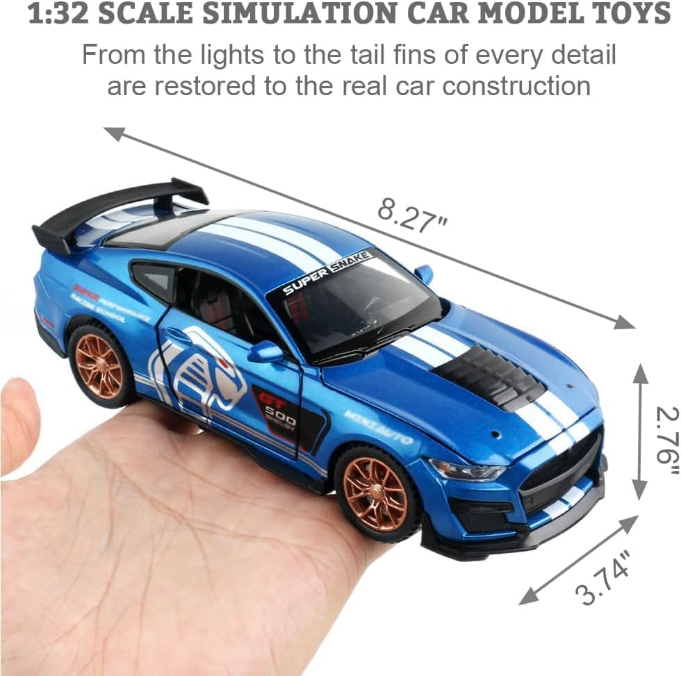 Image of Mustang Shelby GT500 Toy Car Scale Model,Pull Back Vehicles Alloy Simulation Supercar with Lights and Sound Also for Car Dashboard,Kids,Adult (Blue)