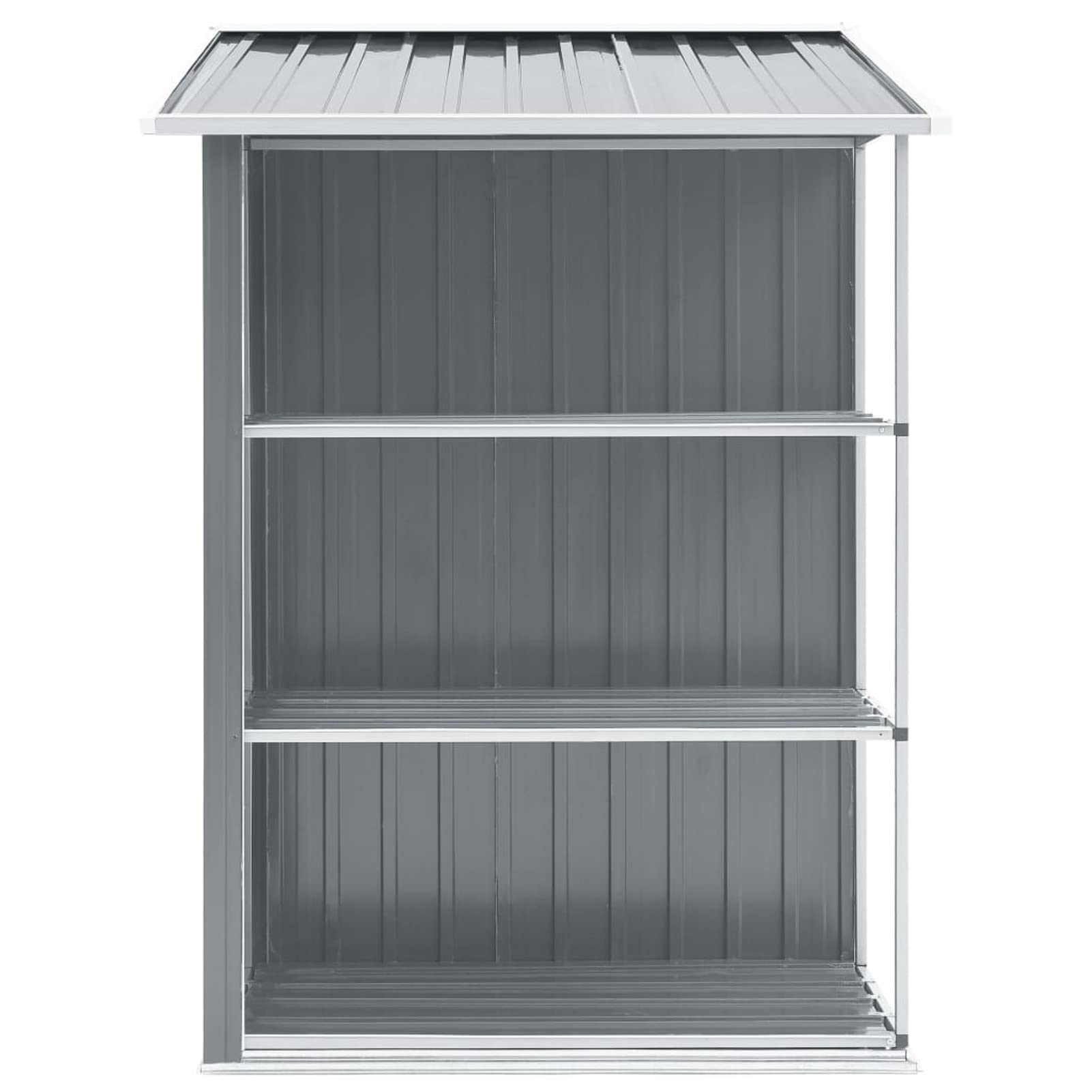 Szopa ogrodowa z półkami w kolorze szarym 205 x 130 x 183 cm, żelazna, szopa na narzędzia, szopa z blachy stalowej z pochylonym dachem, schowek na narzędzia z drzwiami przesuwnymi