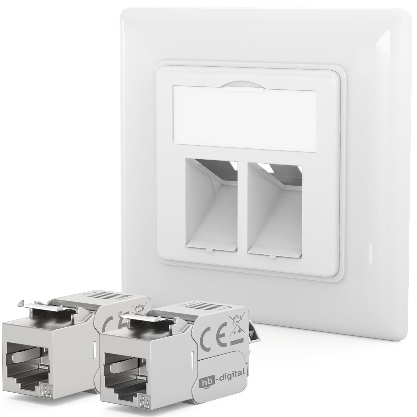 HB-DIGITAL 2-Port CAT 6a Netzwerkdose mit GHMT zertifiziertes werkzeuglos Keystone max. 10 GBit/s Unterputz Netzwerkdose RJ45 Buchse STP Geschirmt RJ45 Datendose LAN Dose - Signalweiß RAL 9003