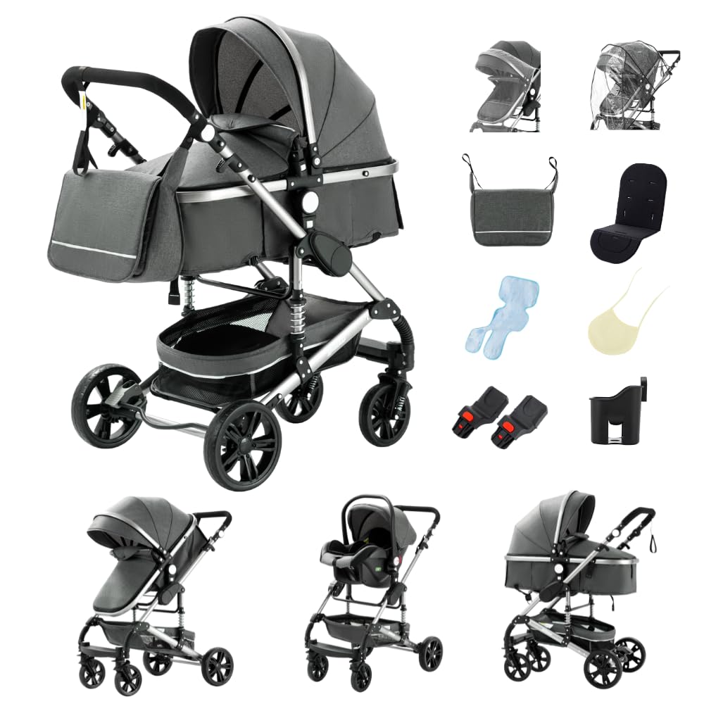 GLOKID Kinderwagen 3 in 1 Komplettset, Zusammenklappbar, Kompakt, 0-4 Jahre, bis 25 kg, Verstellbarer Baby Kinderwagen, Zubehör (H739 Grau)