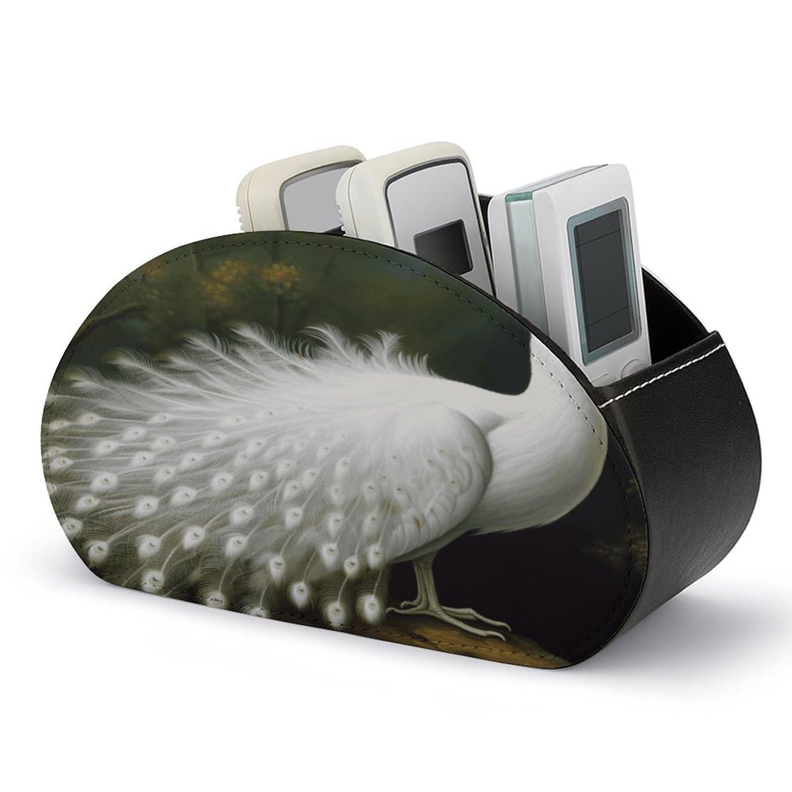 FekiLoot White Peacock Remote Control Holder with 5 Compartments Multi-functional TV Remote Caddy Organizer Leather TV Remote Holder Desktop Organizer Store for Bedside Table Office Desk