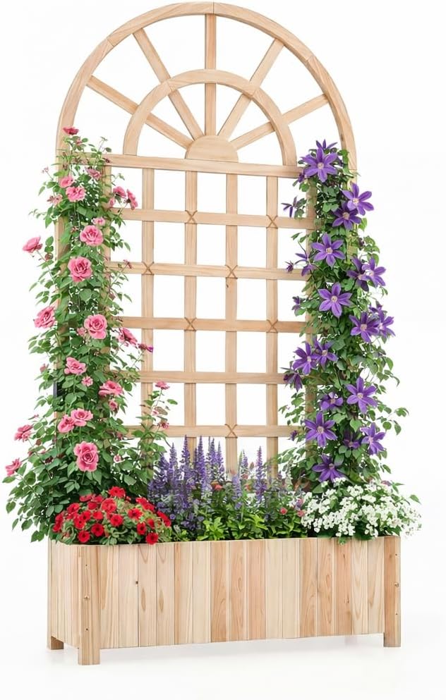Giantex Wooden Raised Garden Bed with Arched Trellis, 48” Fir Wood Outdoor Elevated Planter Box Privacy Screen with Drainage Holes, Vertical Garden Bed for Climbing Plants, Patio Balcony Backyard