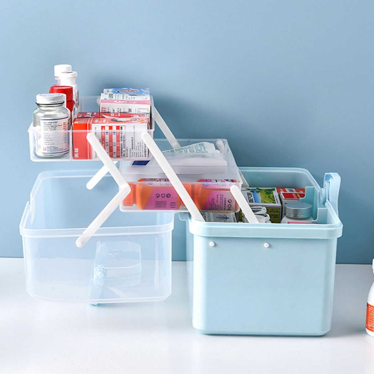 Botiquín para Emergencias de Plástico Azul Diseño de Compartimentos y Cierre Giratorio, Caja de Almacenamiento para Medicinas Asa para Uso en Casa y Exterior