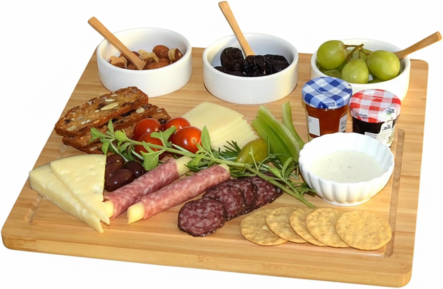 Bamboo Cheese Board/Charcuterie Platter - Includes 3 Ceramic Bowls with Bamboo Spoons - 13" x 13" - Designed and Quality Checked in the USA