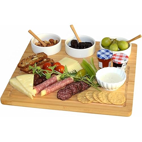 Picnic at Ascot Bamboo Cheese Board/Charcuterie Platter - Includes 3 Ceramic Bowls with Bamboo Spoons & Cheese Markers -13"x 13"- Designed and Quality Checked in the USA