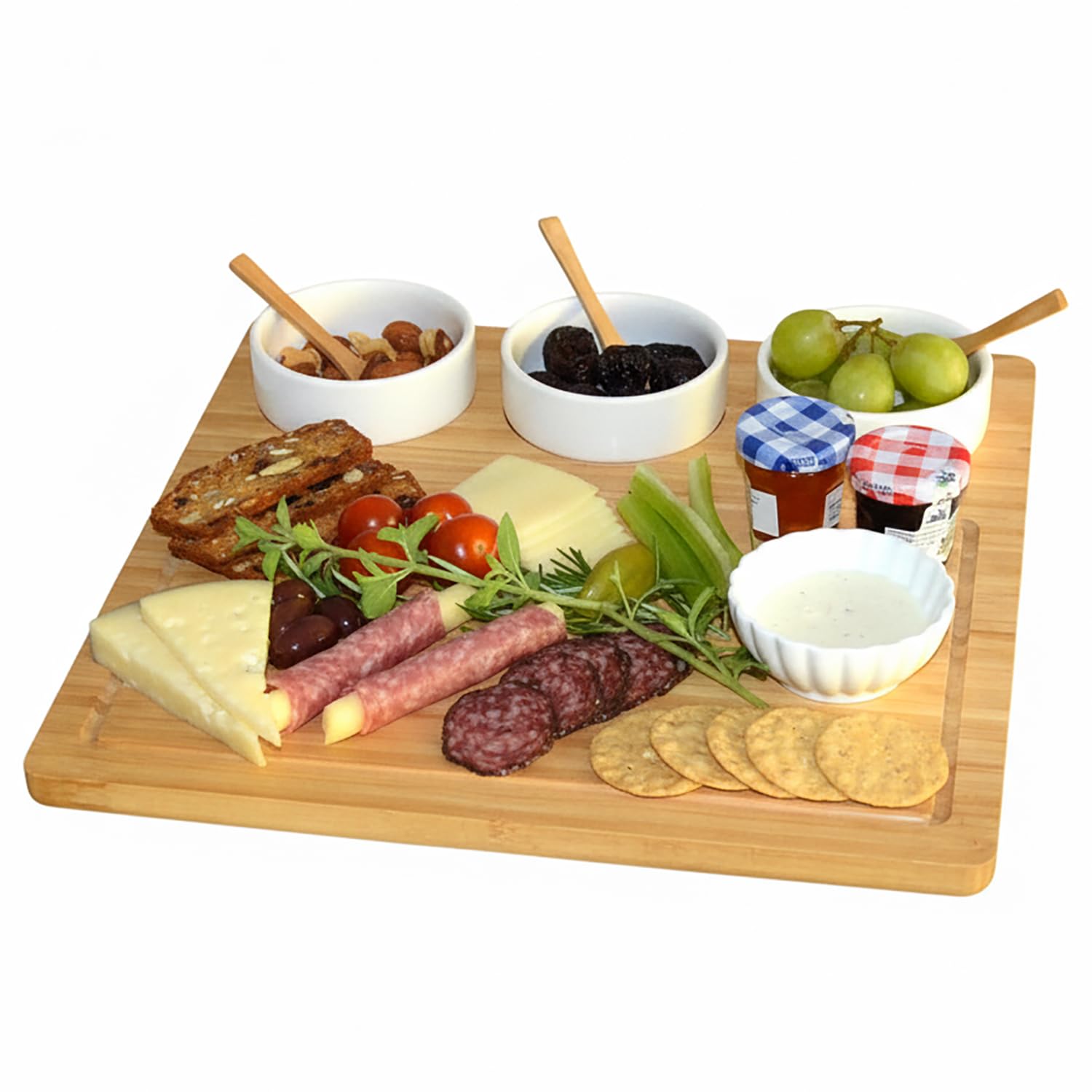 Picnic at Ascot Bamboo Cheese Board/Charcuterie Platter - Includes 3 Ceramic Bowls with Bamboo Spoons - 13" x 13" - Designed and Quality Checked in the USA