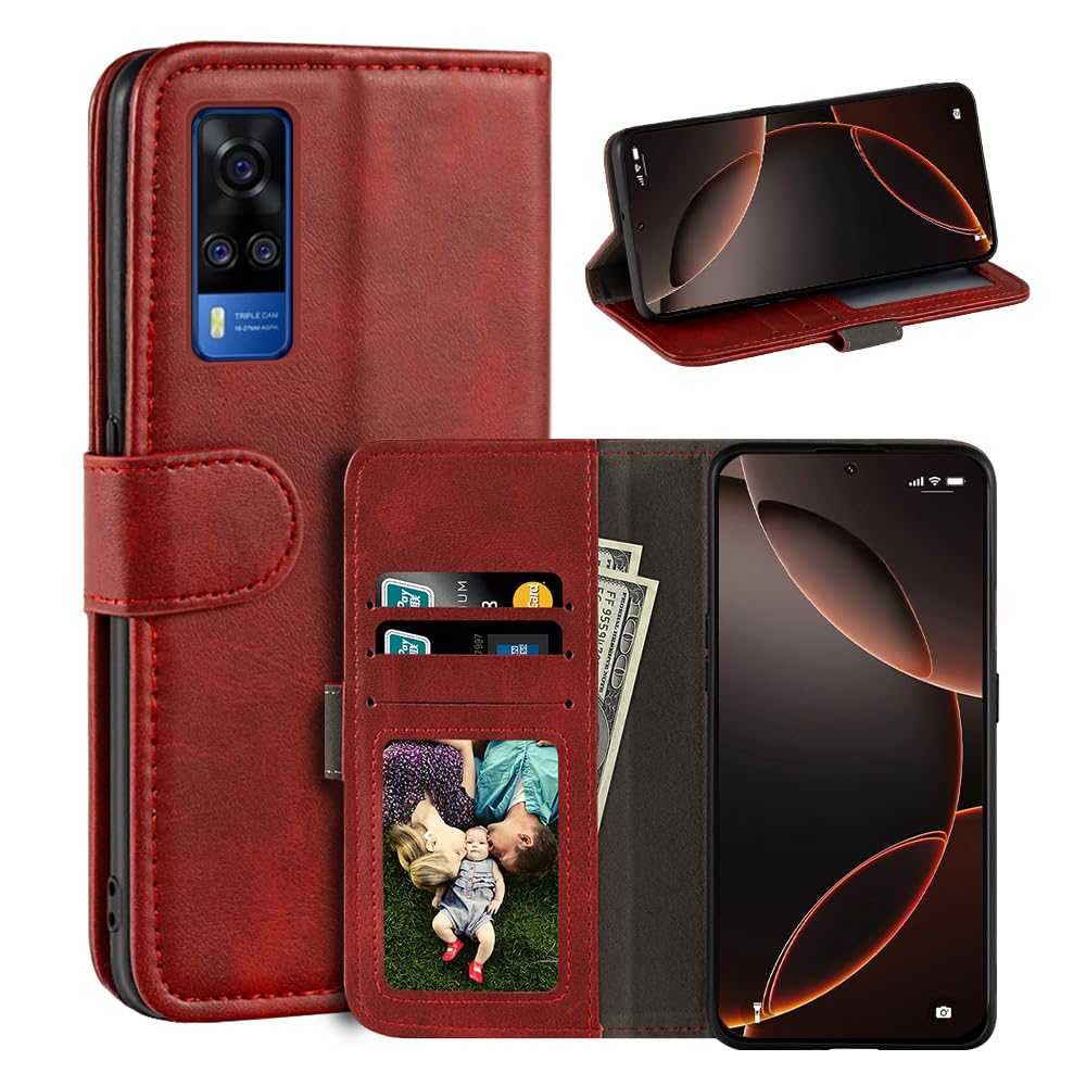 Leather Flip Cover Compatible with Vivo Y51A 2020 Wallet Case with Card Slots, Magnetic Closure, Stand Function, RFID Shockproof Folio (Red)