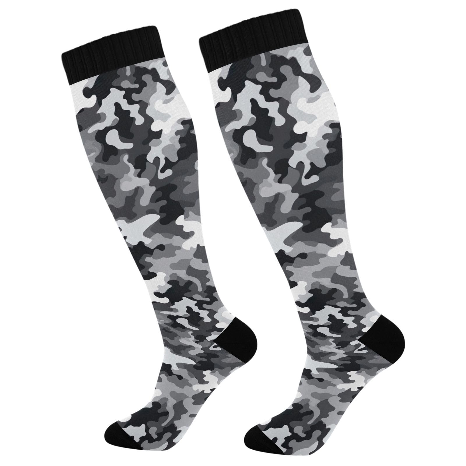 J JOYSAY Black White Classic Camo Compression Socks for Women Men Knee High Circulation Socks for Nurses Work