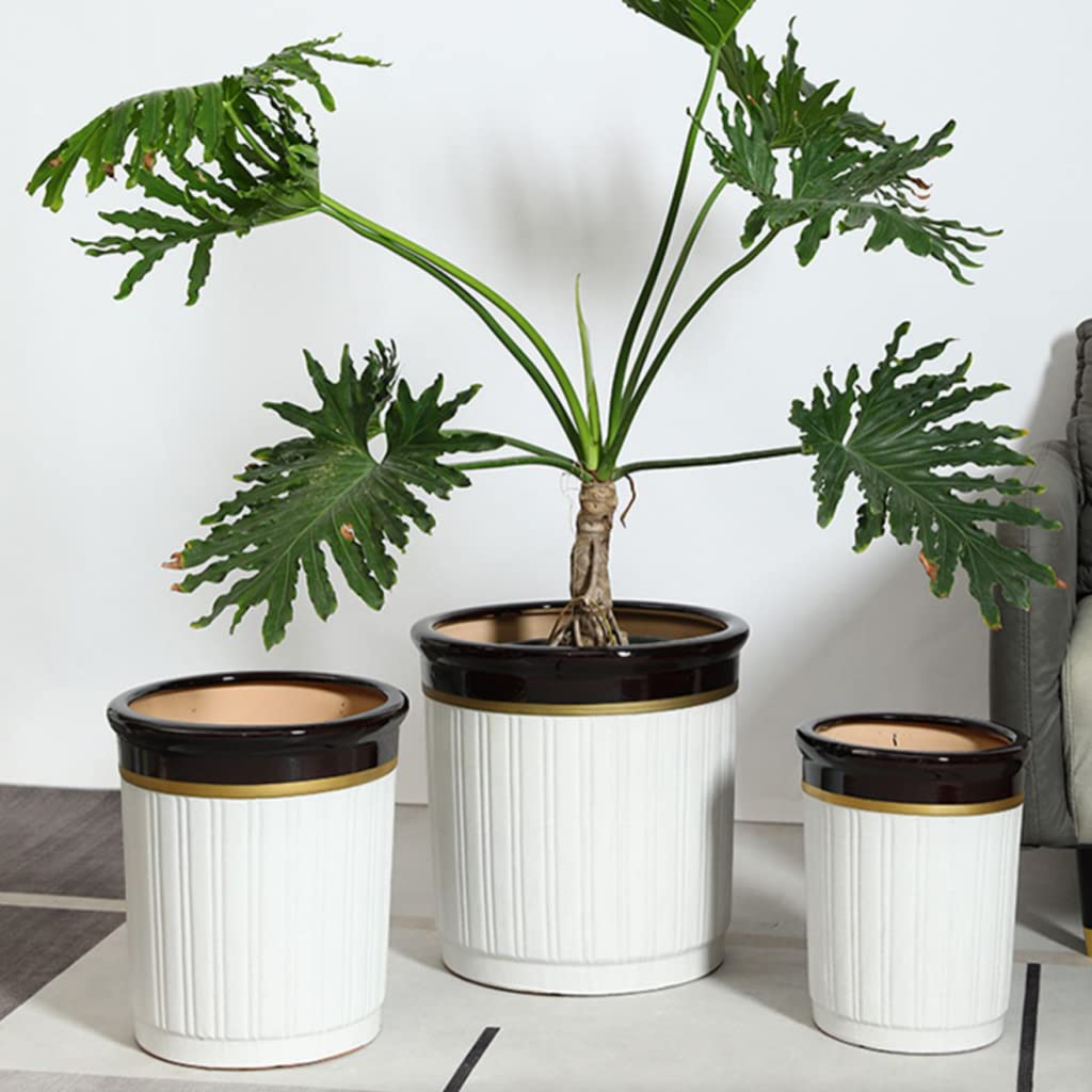 Vasi da Giardino Fioriere in Ceramica da 9/12/15 Pollici, vasi da Fiori con Motivo a Strisce Verticali smaltati Lucidi con Foro di drenaggio e piattini per l'home Office