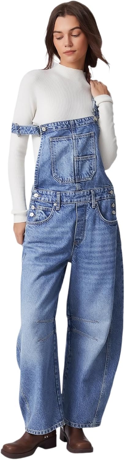 D-Sun Women's Y2K Denim Bib Overalls Baggy Barrel Leg Jumpsuit Loose Wide Leg Boyfriend Jean Romper