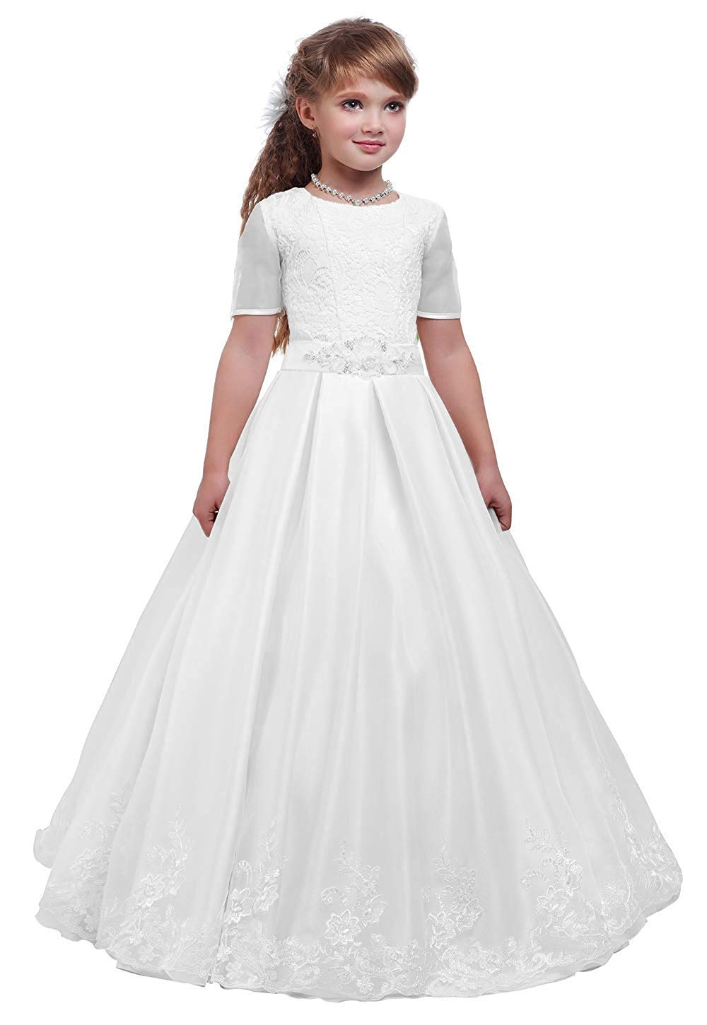 First Holy Communion Dresses with Sleeves Satin Lace Princess Flower Girl Dress for Wedding