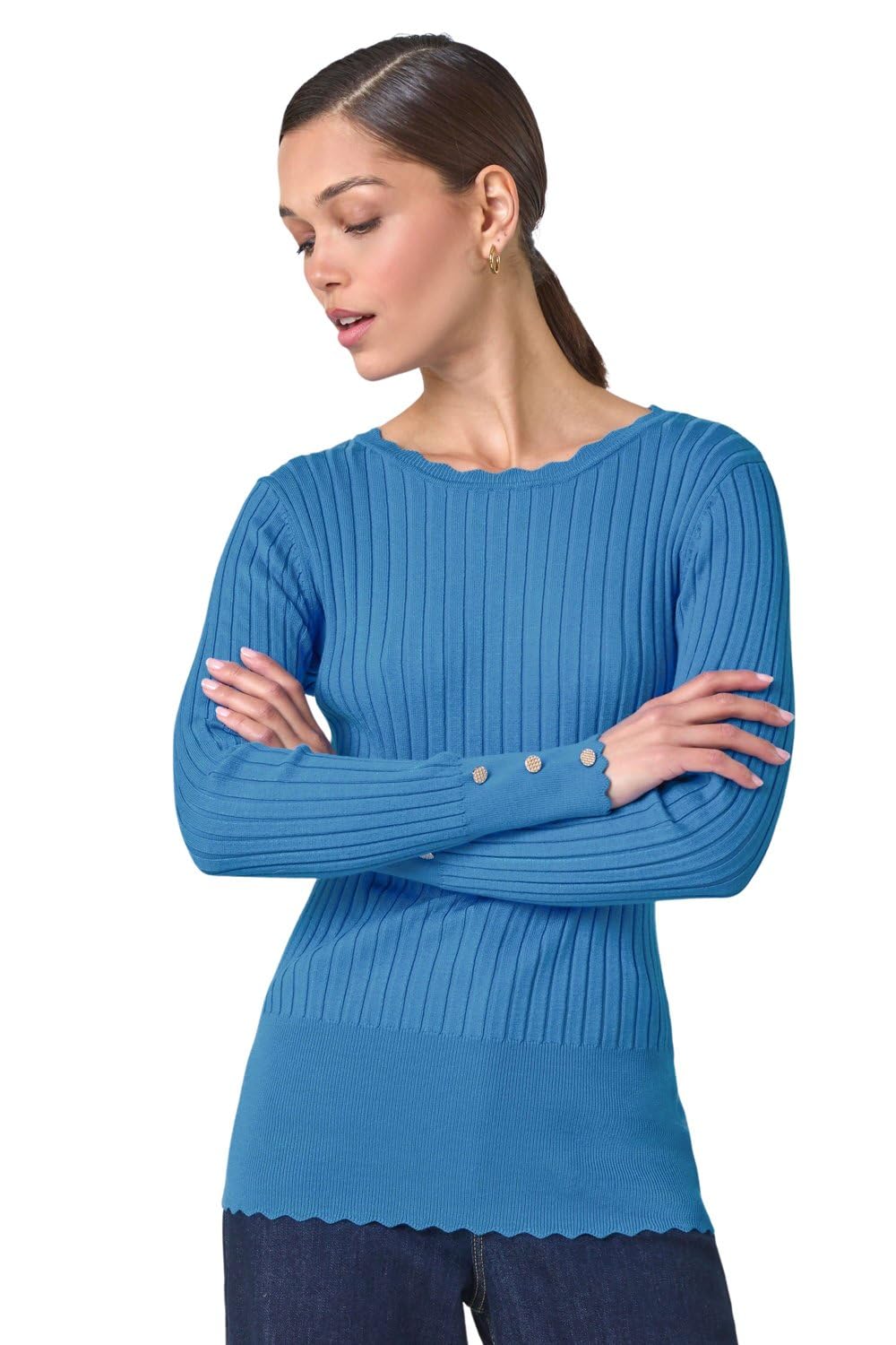 Roman Originals Soft Ribbed Stretch Knit Jumper for Woman UK - Ladies Everyday Holiday Spring Summer Round Neckline Comfy Soft Evening Vacation Work Party - Denim - Size 14