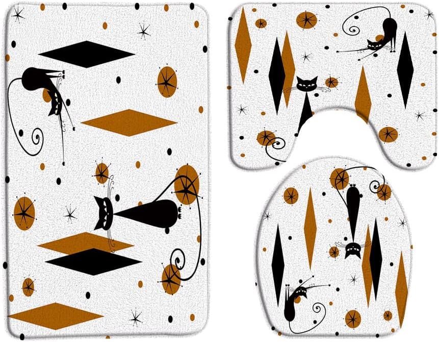 GCTNBJL 3 Piece Mid Century Modern Bath Mat Sets Black Cat Starbursts ​Atomic ​Abstract Pink Geometric Iconic Retro 1950s 1960s Bathroom Doormat Rugs, Toilet Seat Cover, U-Shaped and Floor Mat