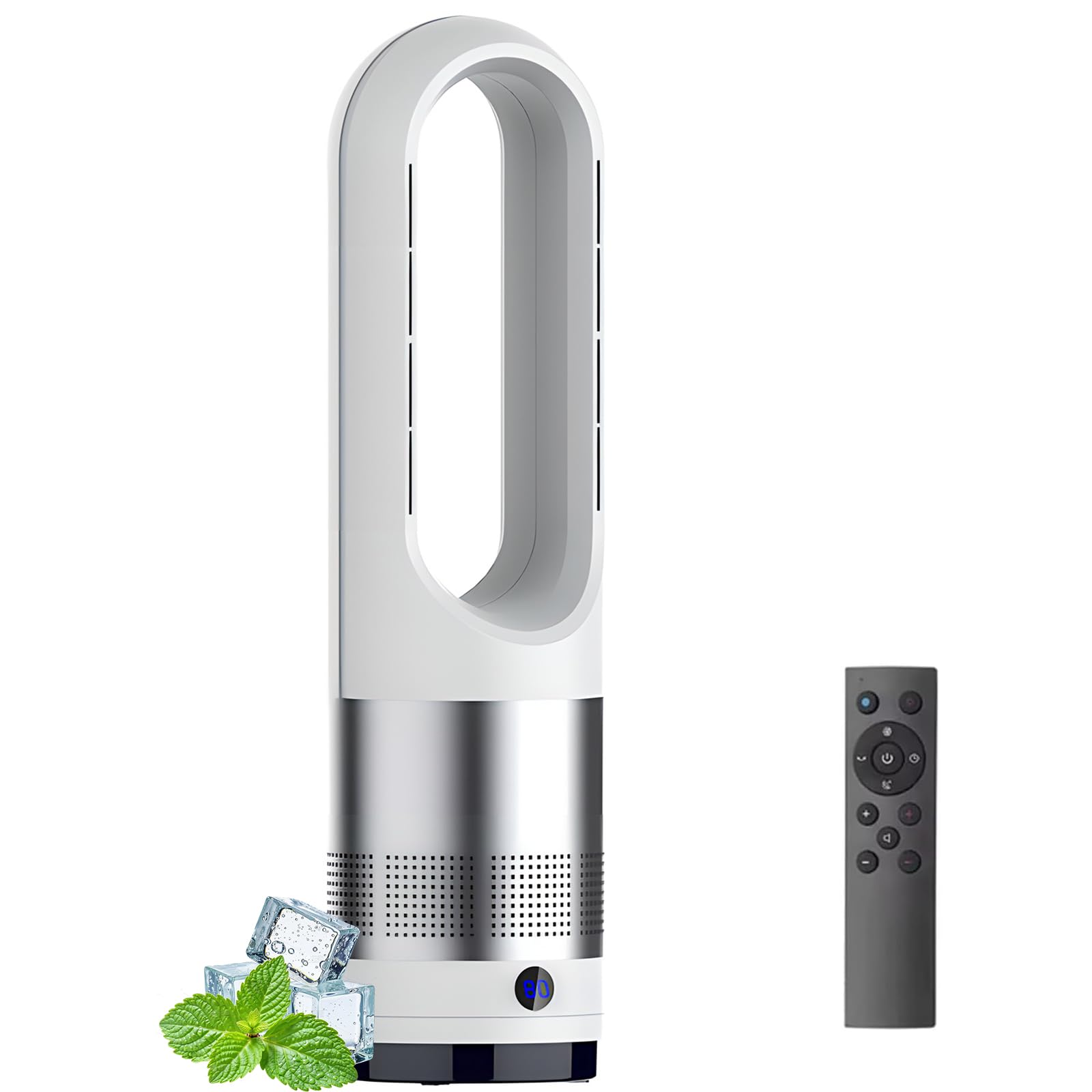 Ventilador Calefactor sin aspas Torre Calor frío purificador Aire Control Remoto Temporizador 8 Horas velocidades oscilación 18" 80°pie Interiores(Oficina Dormitorio hogar).