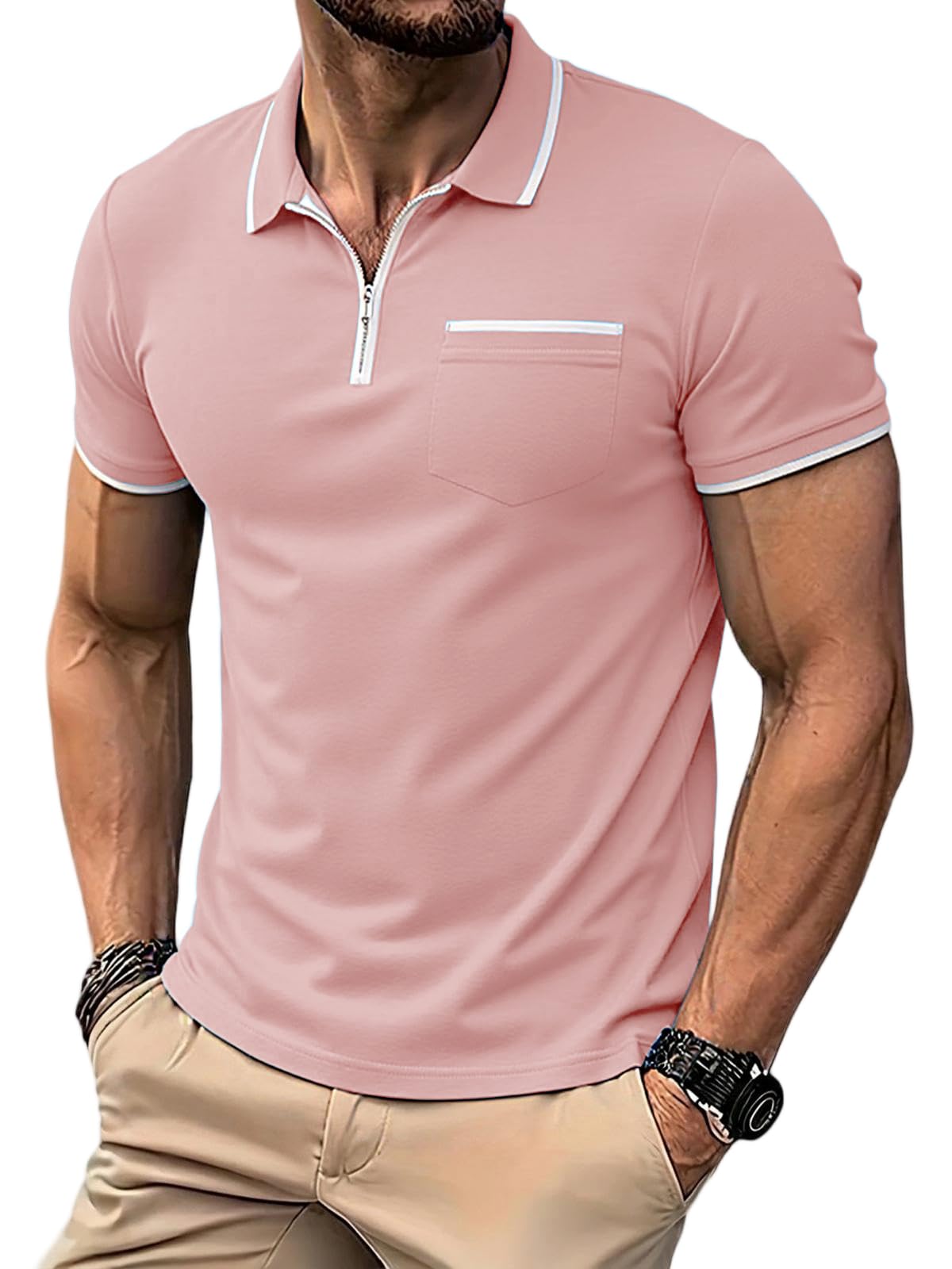 Runcati Herren Poloshirt Kurzarm Sommer Golf T-Shirt Einfarbig Slim Fit Polohemd Männer Casual Tennis Sport Shirt Basic Freizeit Poloshirts mit Reißverschluss