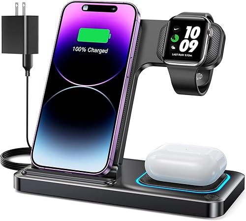 DUMTERR Cargador inalámbrico 3 en 1 para iPhone 16 15 14 13 12 11 XR 8, estación de carga Apple para Apple Watch 109Ultra87SE654 y AirPods Series,