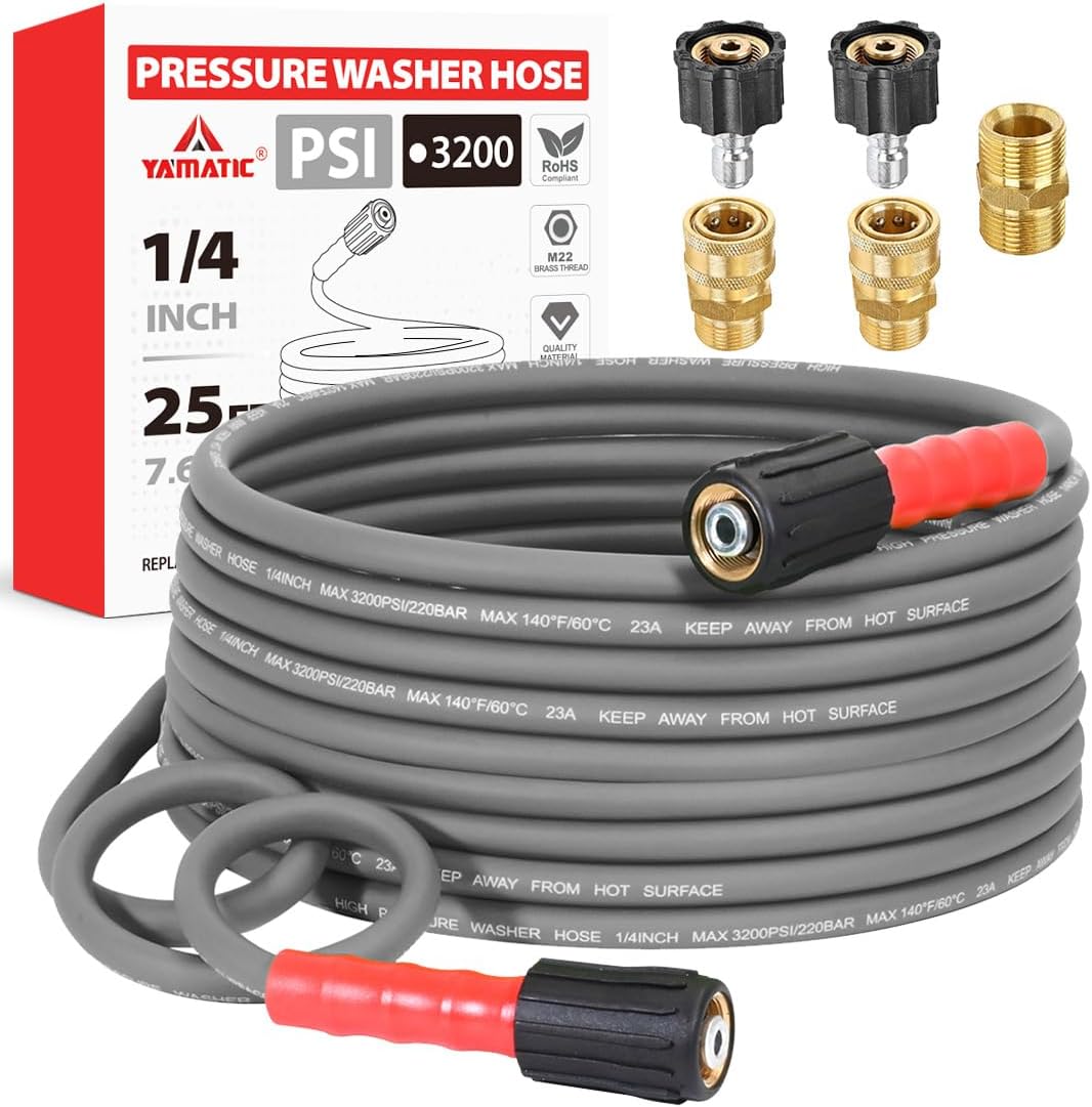 YAMATIC Flexible Pressure Washer Hose 25 FT 1/4", M22-14mm Females