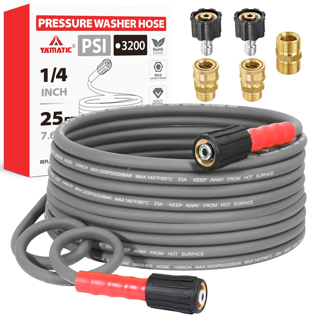 YAMATIC Flexible Pressure Washer Hose 25 FT 1/4", M22-14mm Females