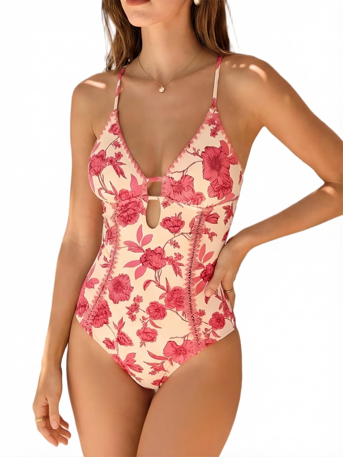 CUPSHE Damen Badeanzug Plunging V Neck Shell Stitch Self Tie Adjustable Cutouts Einteilige Bademode