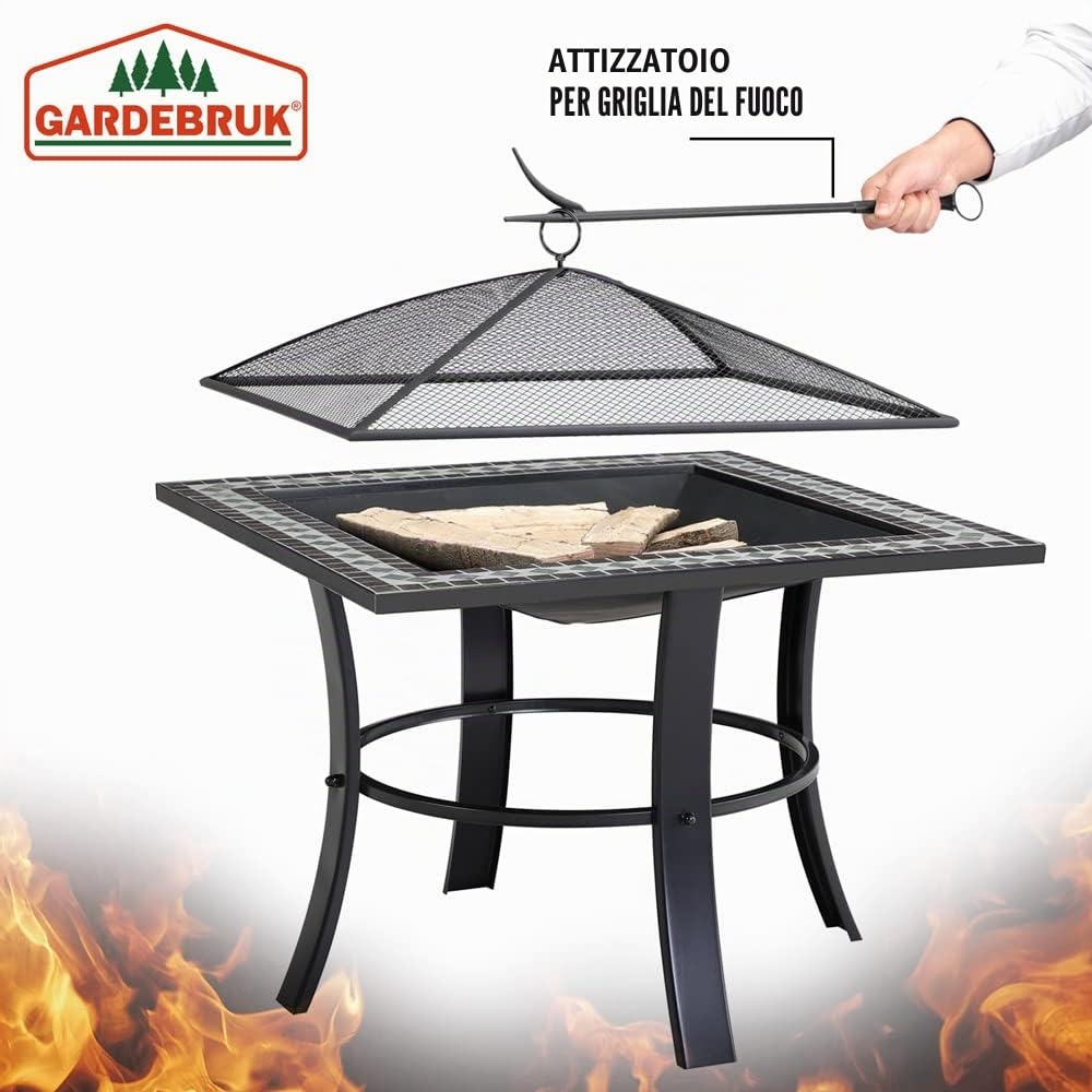 GARDEBRUK® Braciere Quadrato da Esterno Mosaico in Acciaio 76x76cm Parascintille Camino da Giardino Stufa Caminetto Patio