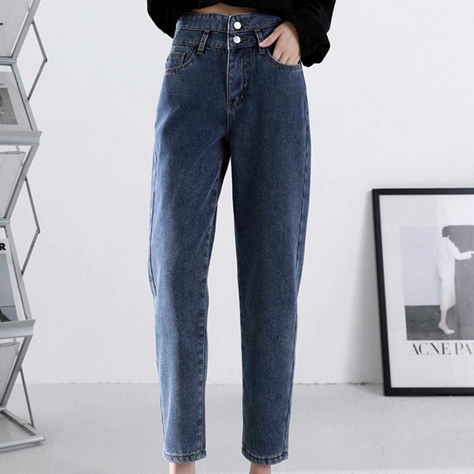 Generisch Pantalones vaqueros térmicos de invierno para mujer, cintura alta, forro polar, pierna recta, suaves y cómodos, pantalones vaqueros holgados de pierna ancha, pantalones largos para el tiempo