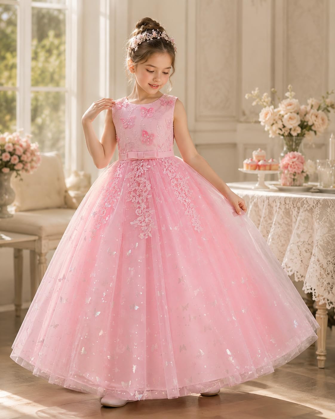 Vestido de fiesta para niña, vestido de princesa de tul con lentejuelas | Vestido festivo para niña con encaje floral bordado y tul multicapa, para bodas, cumpleaños y desfiles