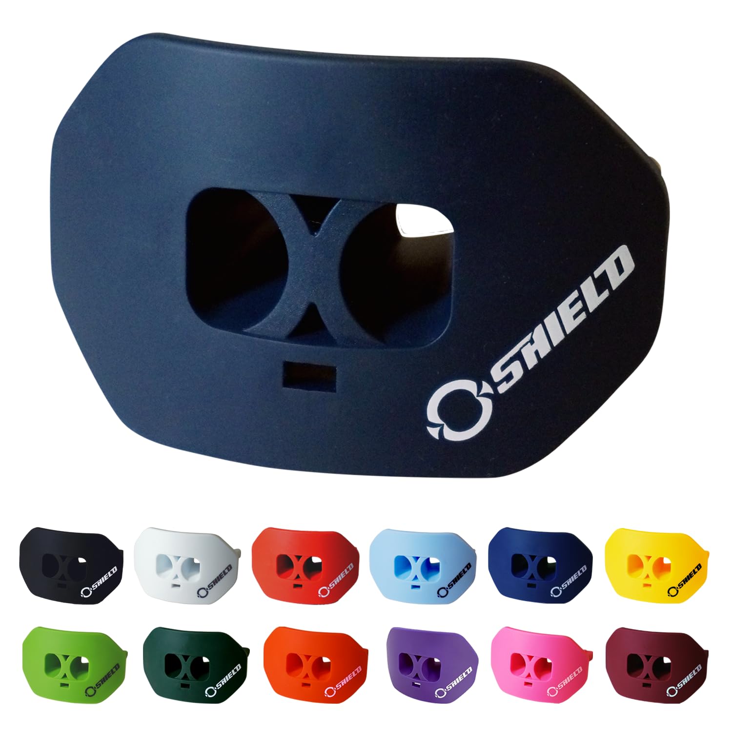 O Shield Protector bucal para fútbol con protección de doble capa, canales de aire integrados, protector labial extendido, material suave, tamaños para adultos y jóvenes con correa/funda, azul marino