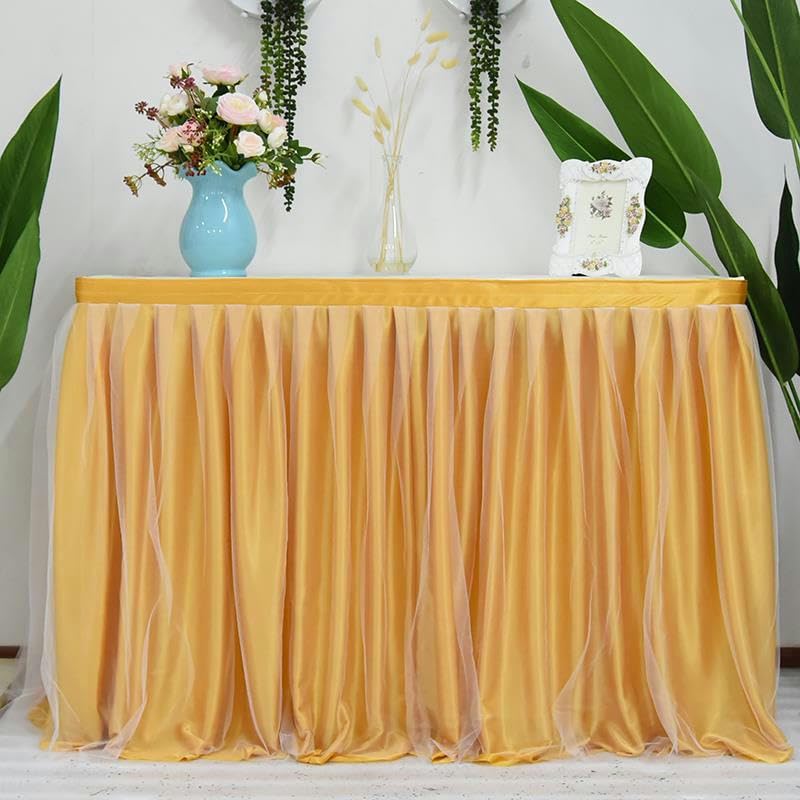 THAYLA 10ft x 77 cm satynowa 2-warstwowa siateczka, puszysta tiulowa spódniczka na stół, szyfon, na wesele, na baby shower, imprezę, falbanki, plisowana