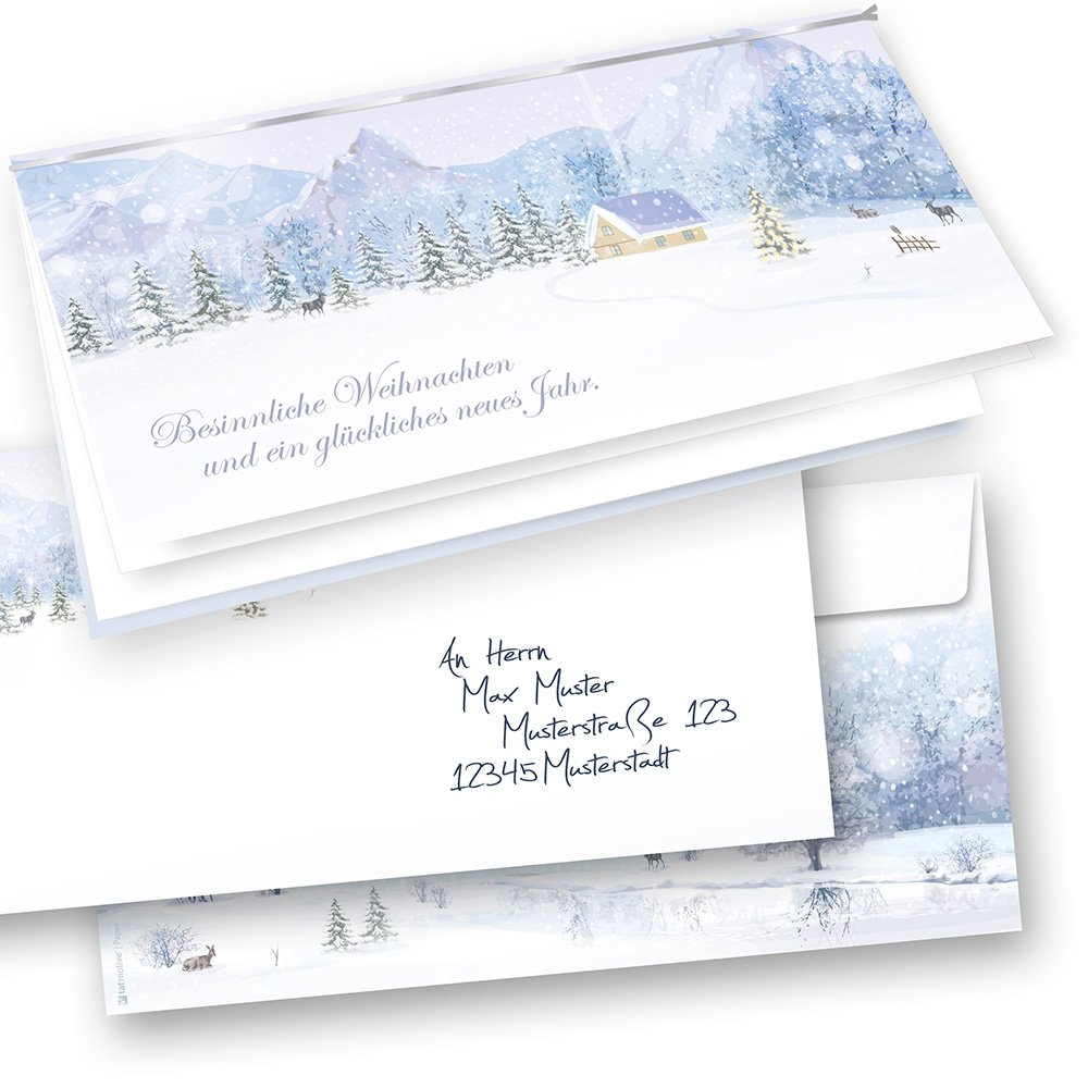 tatmotive Weiße Weihnachten Weihnachtskarten Set (50 Sets) mit Umschlag und mit Einlegeblätter Einleger zum bedrucken