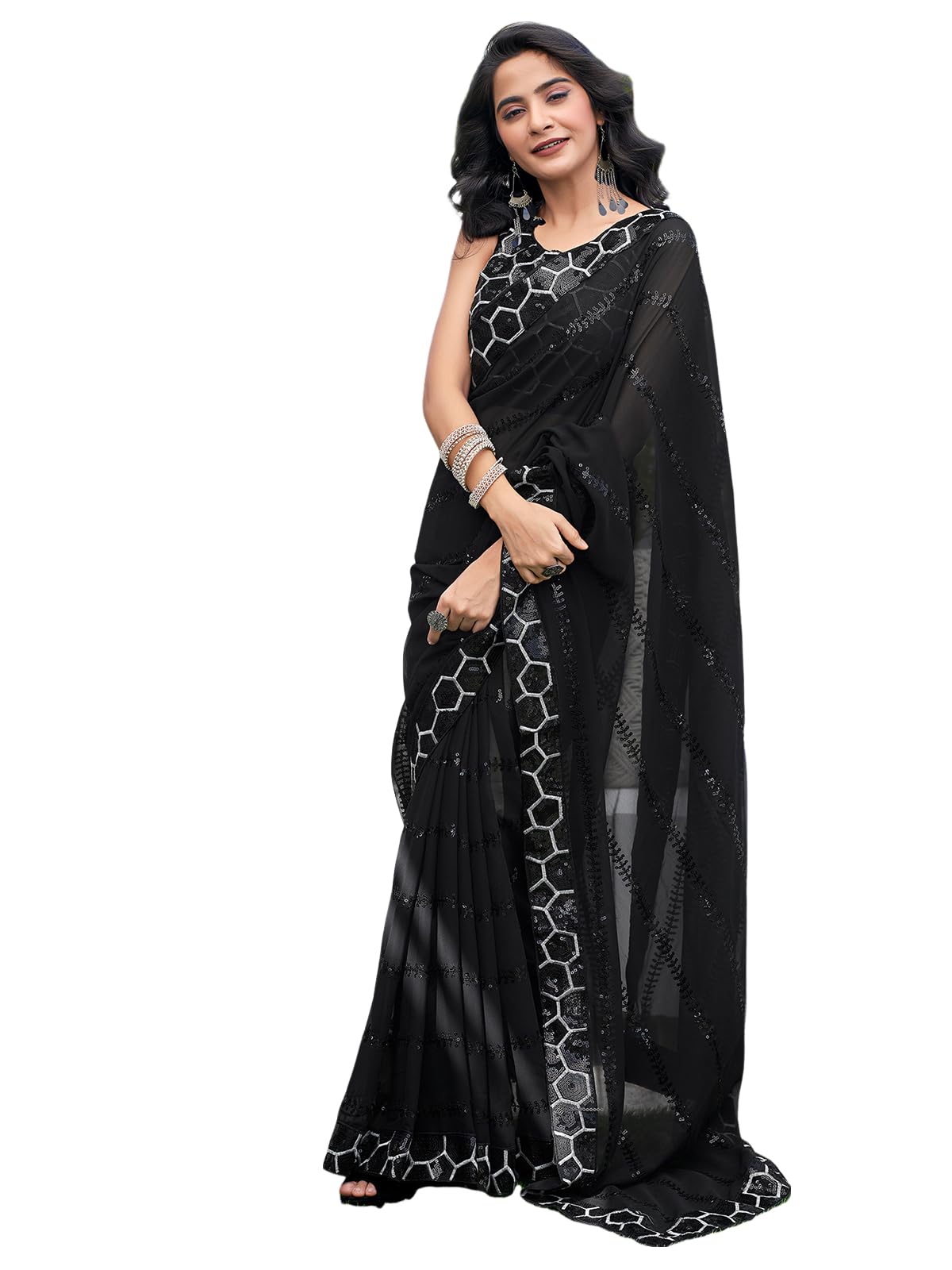 Satrani Women's Georgette Sequence Work Saree With Unstitched Blouse Piece (3775S110N_Black7)