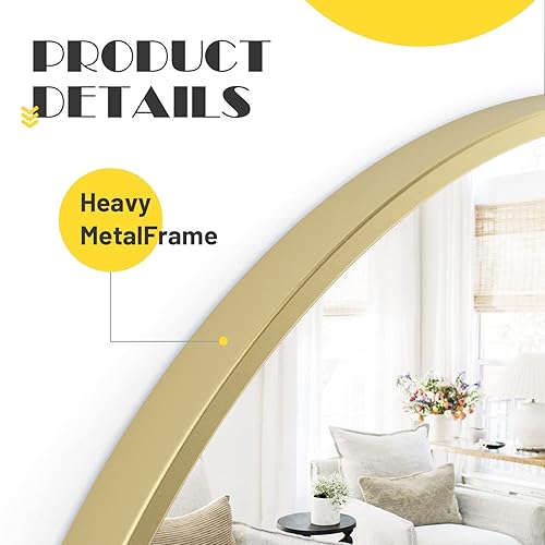 Miniatura 3 de Espejo circular redondo de pared de 18 pulgadas, espejo colgante grande con marco de metal dorado para decoración de baño, tocador, dormitorio, sala