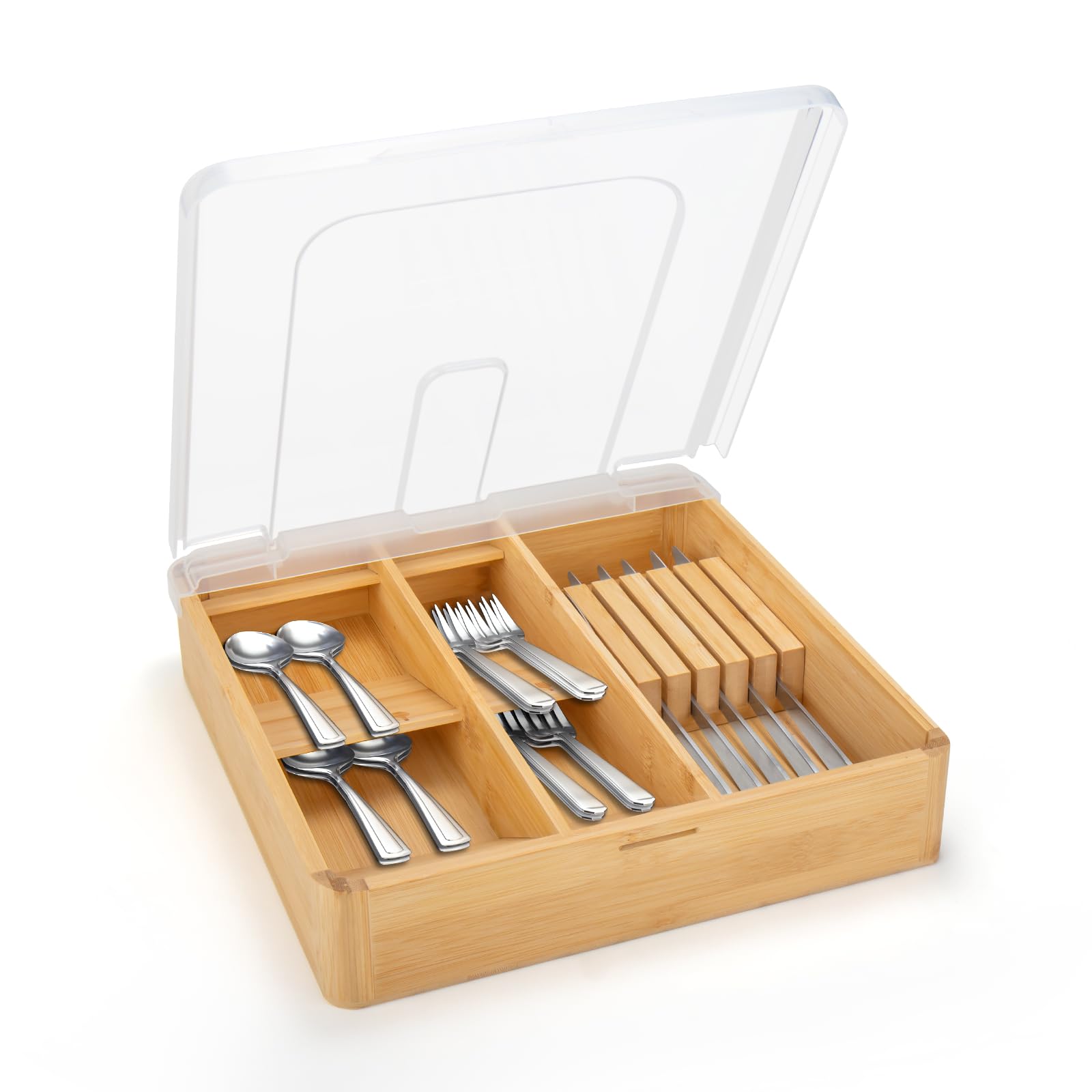 QINOLBamboo Silverware Tray with Lid, Compact Bamboo Utensil Organizer for Kitchen Drawers Countertop, Dust-proof Sturdy Flatware Organizers and Storage Holder with Labels, Steak Knife Block