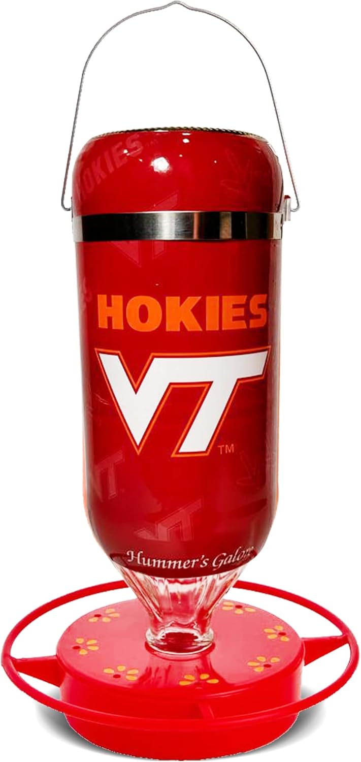 Hummer's Galore, NCAA College Football Hummingbird Feeder, Glass Hummingbird Feeder with UV Resistant Plastic Wrap for Outdoors Hanging, 32 oz, (Virginia Tech)