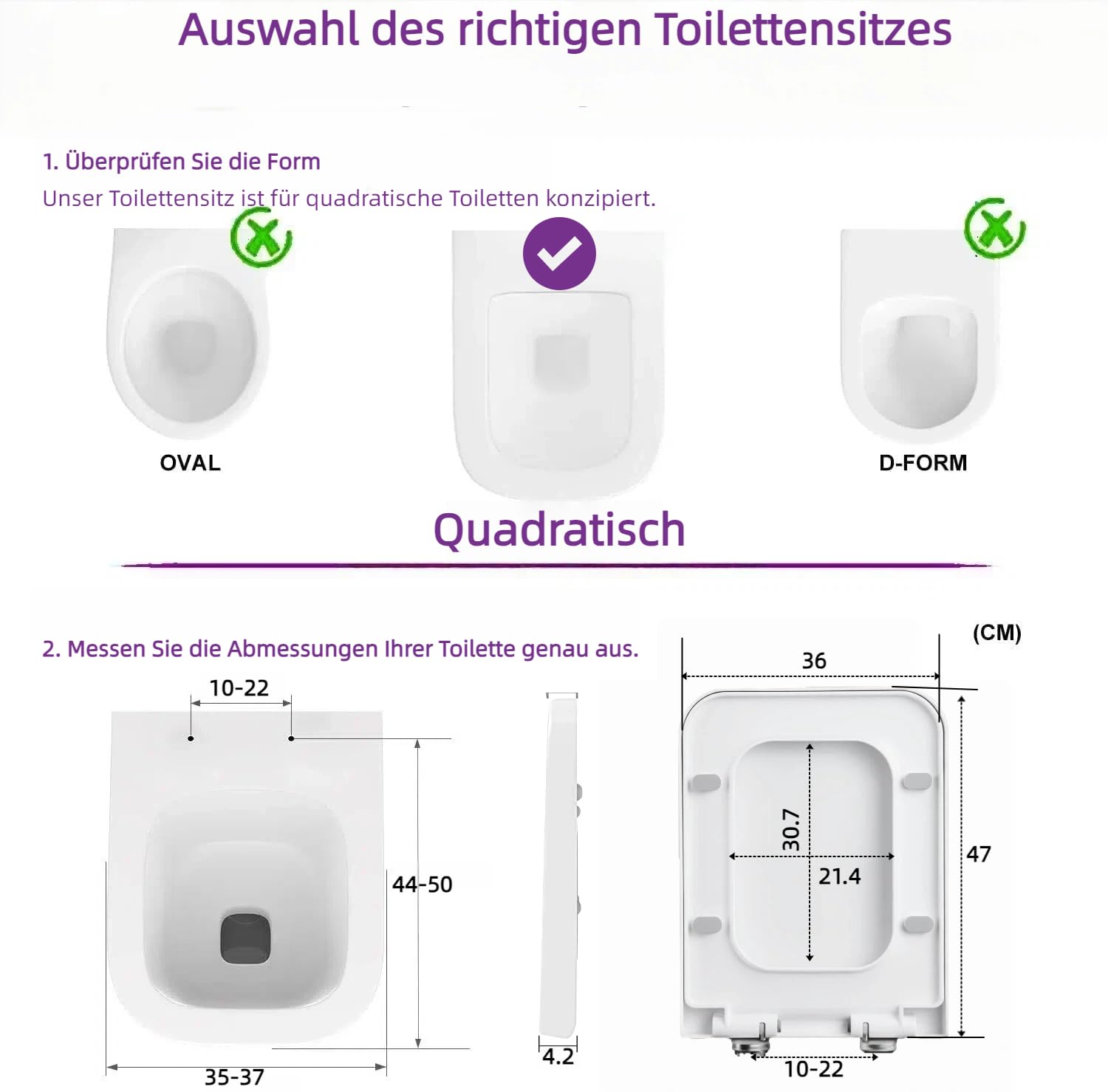 Deska sedesowa wolnoopadająca | kwadratowa deska sedesowa | nowoczesna deska sedesowa z szybkim otwieraniem | wykonana z wysokiej jakości duroplastu i wytrzymałych zawiasów ze stali nierdzewnej |