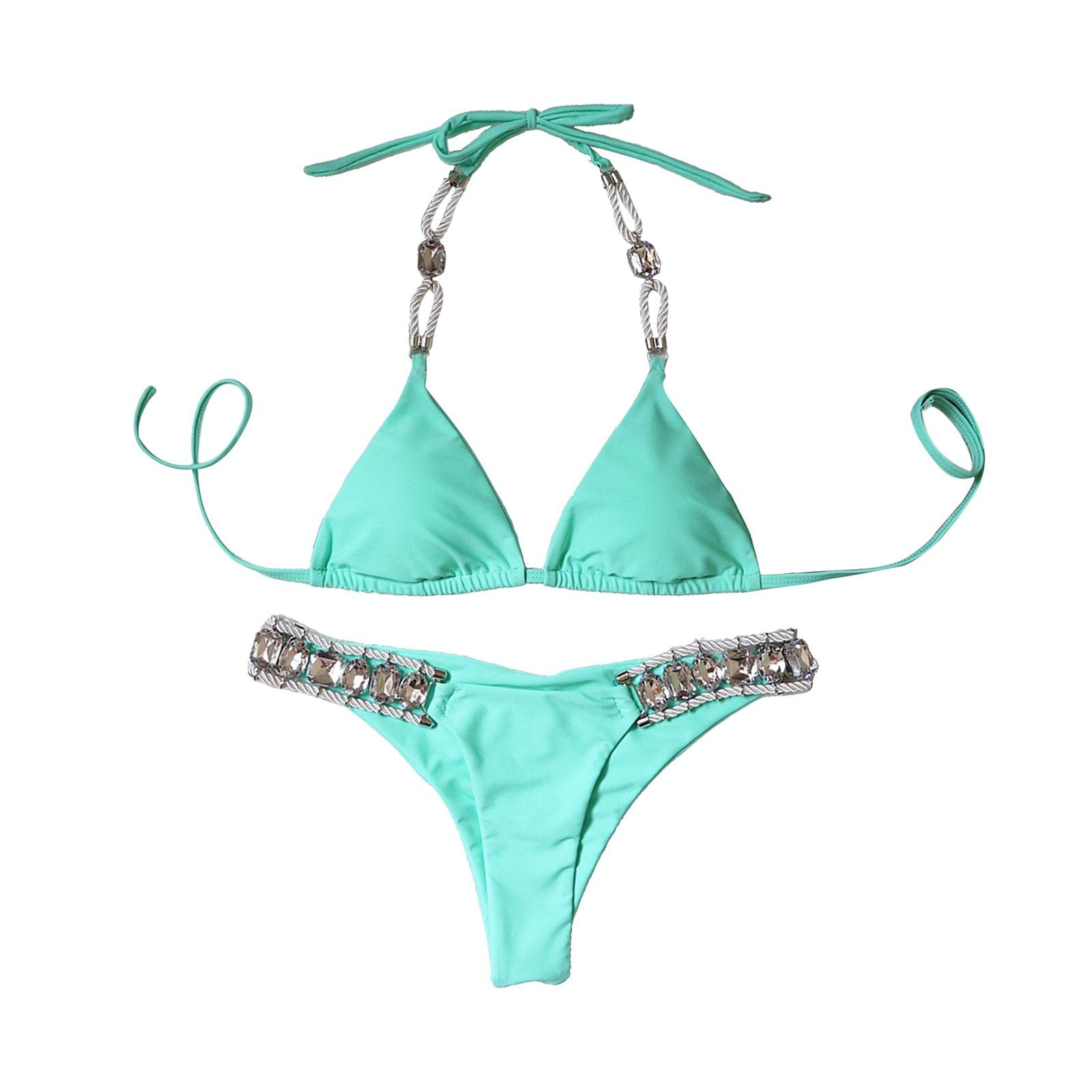 nivaa Women Rhinestone Swimsuit Bra Thong Bikini Set Bathing Suit Swimwear Green L-picture-10