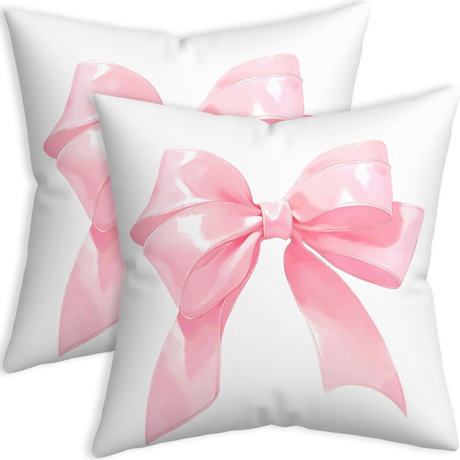 Pink Bow Pillow Covers 18x18, Girly Coquette Aesthetic Bow Throw Pillows Set of 2, Girls Pink Home Decor Polyester Pillowcase for Living Room Bedroom Sofa Couch Bow Pink