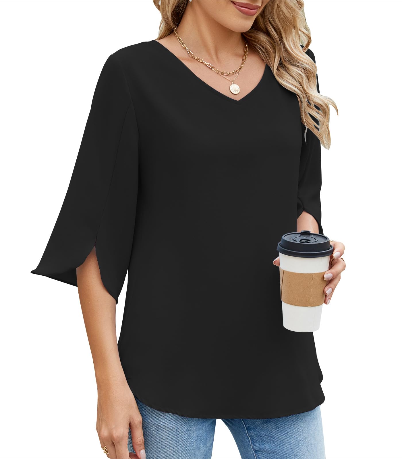 Zetieny Blusa Mujer con Cuello en V Elegante Camisa de Manga 3/4 Túnica Tops Casual de Verano Color Liso