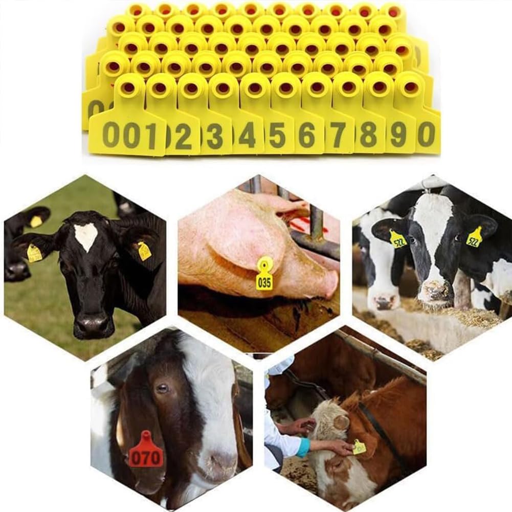 100 pièces étiquettes d'oreille de bétail étiquettes de vache numérotées 001-1000, étiquette d'oreille d'animal de bétail étiquette d'oreille d'identification animale pour moutons bovins chèvres porcs