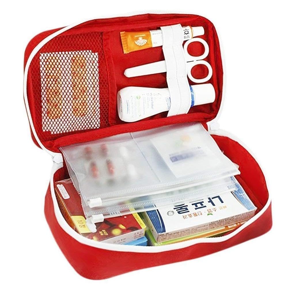 Travel Medicine Pouch Emergency First Aid Kit Box Organizer With Medicine-Pocket Empty Bag For Travelling Car, Home, Office - Storage Bag (Red, Polyester)