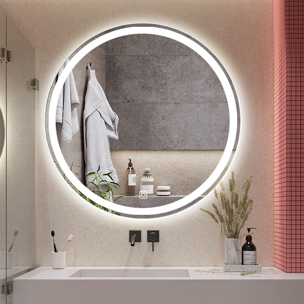 Lustro łazienkowe z podświetleniem LED, lusterko kosmetyczne z oświetleniem LED naścienne, z czujnikiem dotykowym + przeciwmgielne, IP54 Wodoodporne - Okrągłe Bezramowe