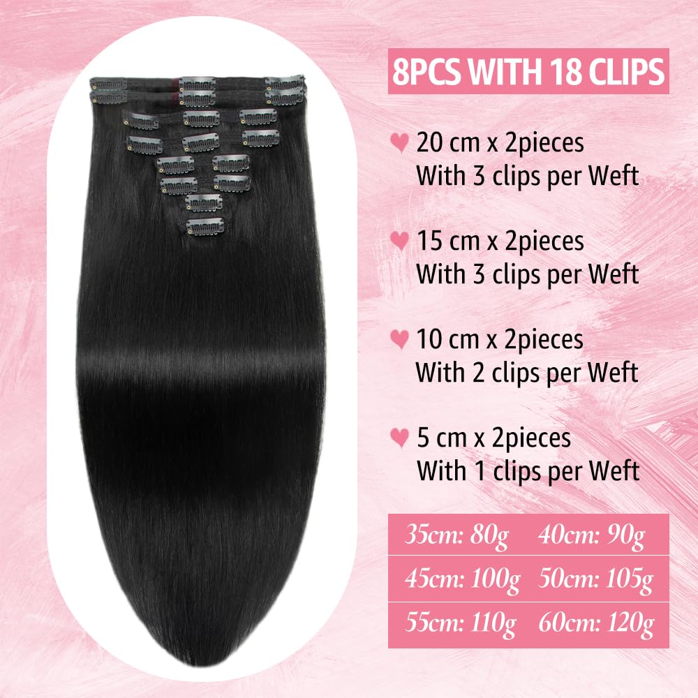Clip in Hair Extensions Real Human Hair Natural Black Grey Clip-in Hair Extensions 3.6oz/100g Clip ins 100% Brazilian Remy Human Hair for Women Straight 8pcs with 18 Clips Double Weft 20 Inch - Image 3