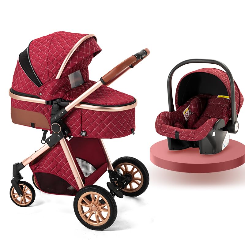 Image of Luxurious Baby Stroller with Infant Carrier, Baby Carriage with Detachable Bassinet for Newborns, 2 Way Facing (A-Red)