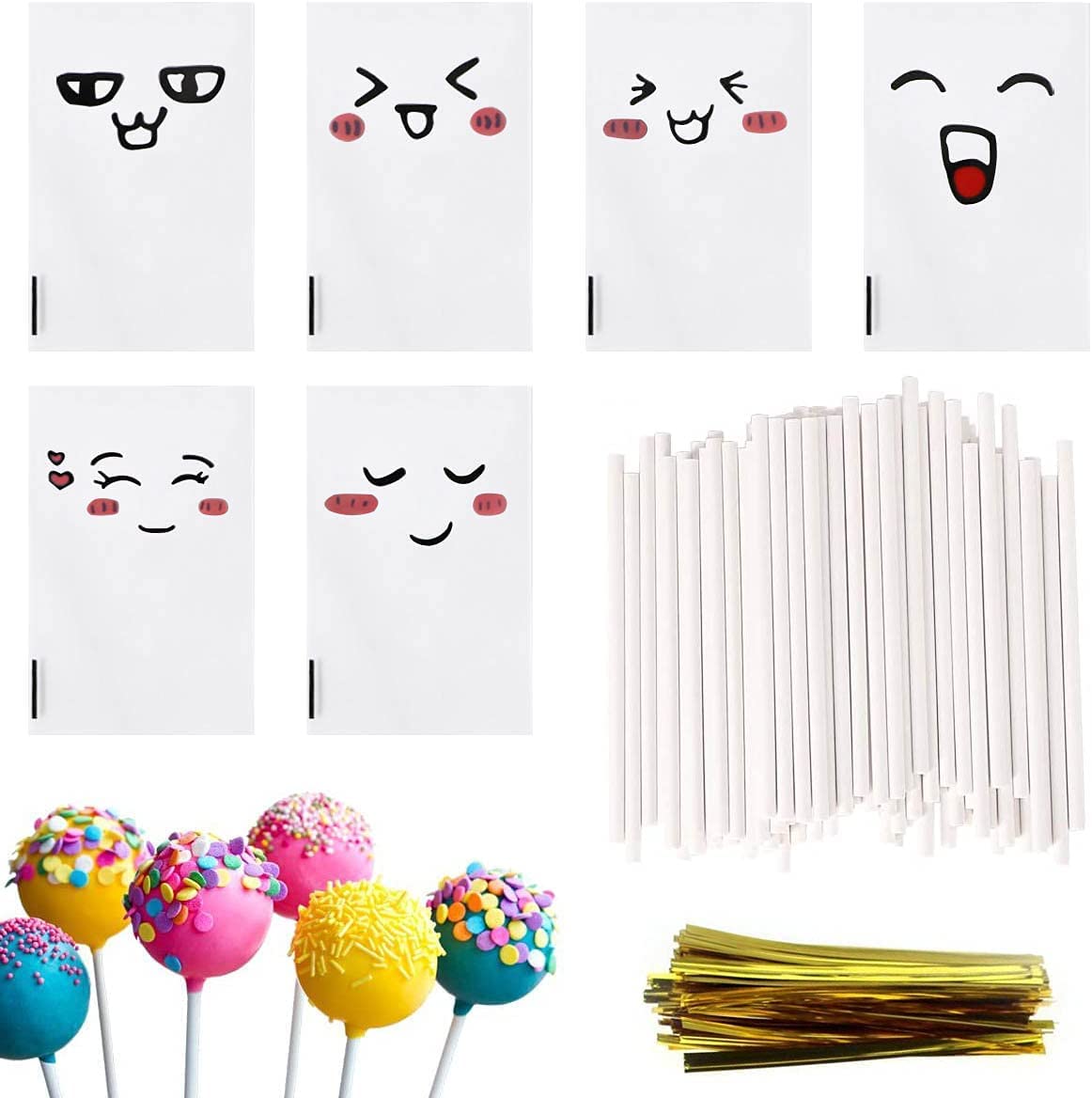 Cake Pop Kit, 100 Set White Lollipop Sticks and Clear Treat Bags Wrappers with Gold Twist Ties Baking Cake Pops Making Tools for Lollipops Candies Chocolates Cookies