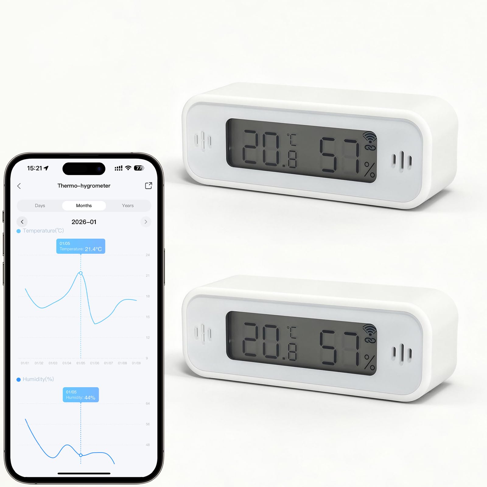 WIOONI WLAN Thermometer Hygrometer Innen, WIFI Temperatursensor mit App, Benachrichtigungen, Tuya/Smart Life Kompatibel für Babyzimmer Office Wohnzimmer Gewächshaus Lager Keller Weinkeller, 2 - 2