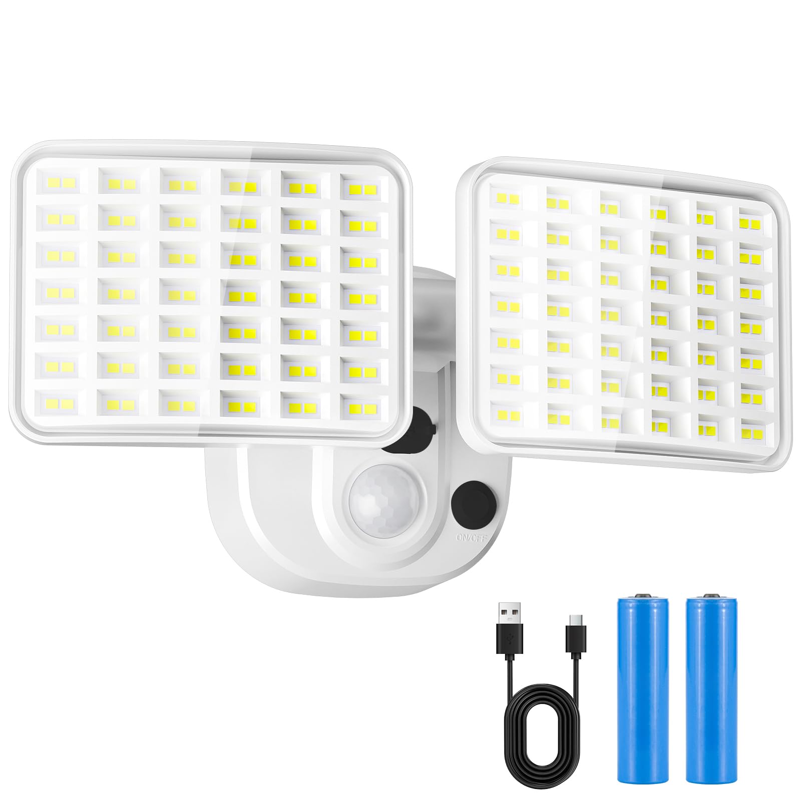 YTKIH Wiederaufladbare Außenlampe mit Bewegungsmelder, Batteriebetriebene Akku Lampe (1–3 Monate Laufzeit),LED Strahler mit Bewegungsmelder außen, USB aufladbar für Garage,Garten,Hof,Haustür (Weiß)