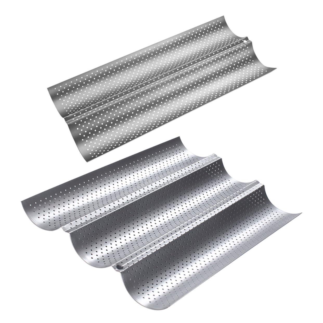 Molde para Pan Francés Ondulado Antiadherente Plateado Mediano y Pequeño, Bandeja para Hornear 3 y 2 Ranuras, Acero Duradero, para Cocina y Repostería, Set de 2 Piezas
