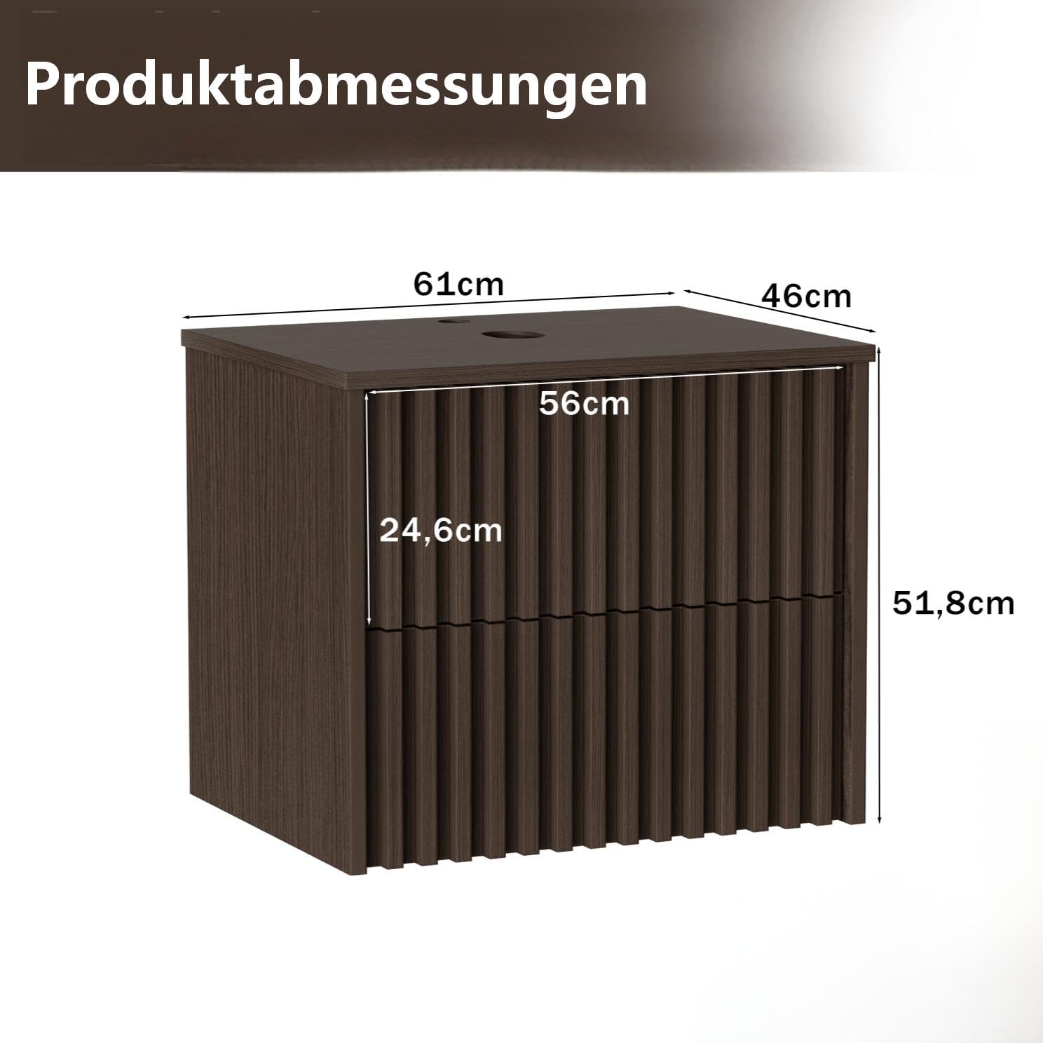UEV Waschbeckenunterschrank für Gäste-WC/kleines Bad, Waschtisch kleine 61cm, Badschrank, Badezimmerschrank, Waschtischunterschrank hängend, Waschplatz ausreichend Stauraum Platzsparender Dunkelbraun